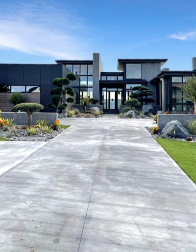 Modern house with large windows and a concrete driveway flanked by landscaped garden.